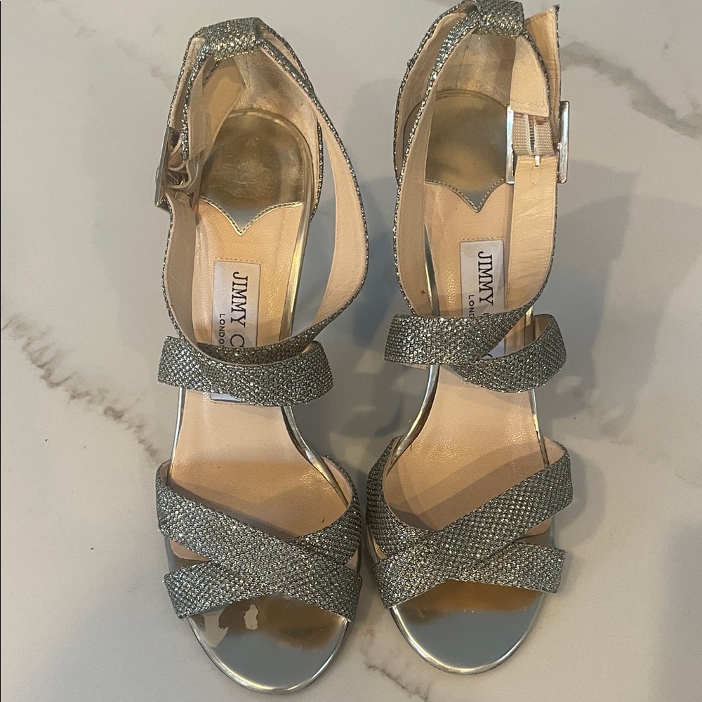 Jimmy Choo Glittering Strappy Sandals with yellow gold heels